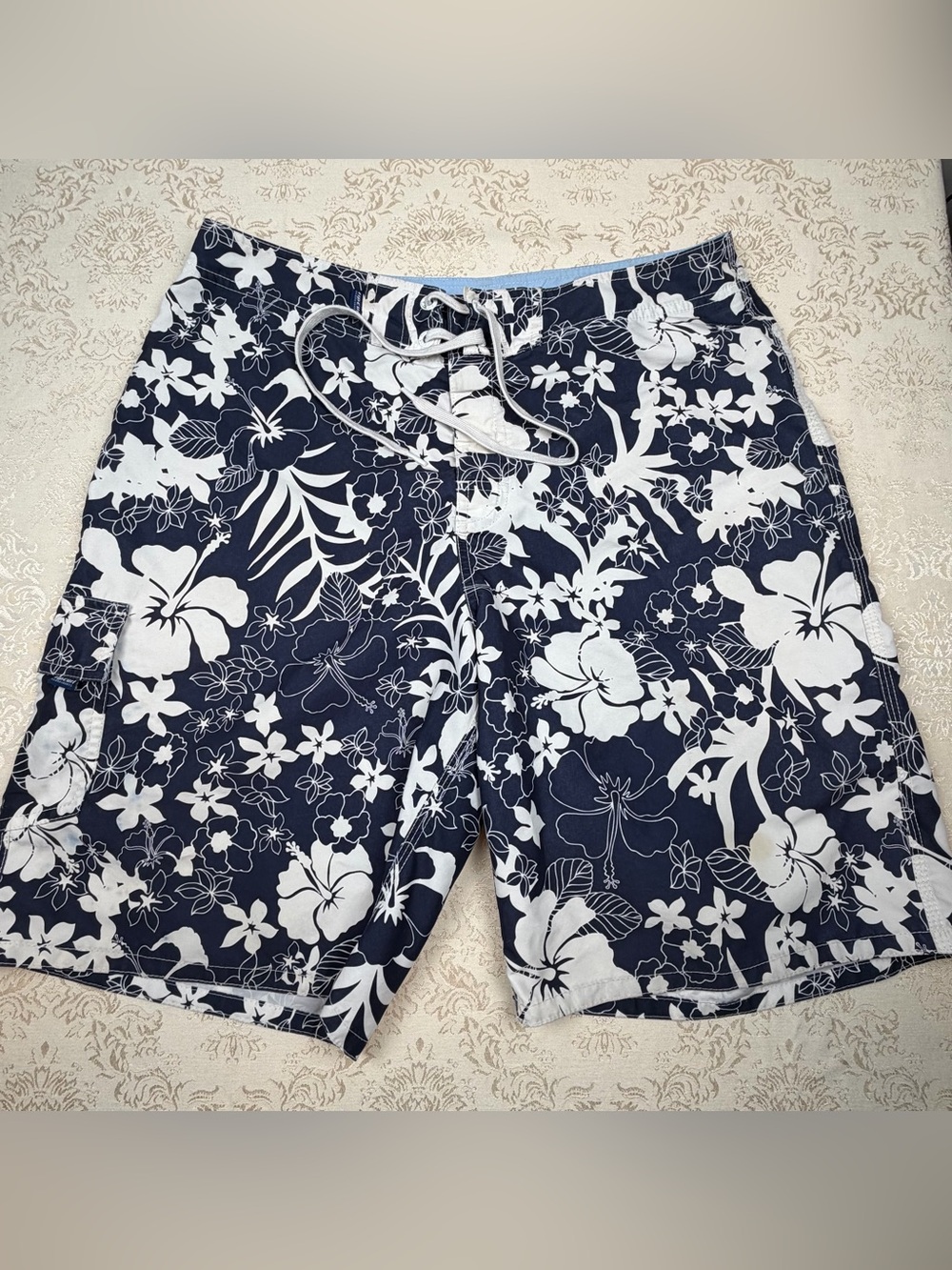 Ripcurl Men's Navy and White Hawaiian Swim Shorts 34